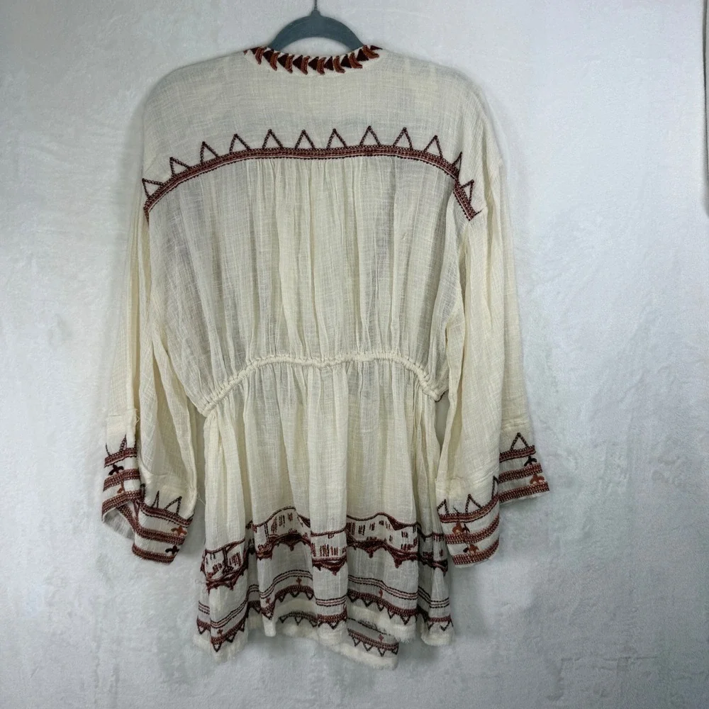 Free People Peplum Top Women Medium Cream Embroidered Bell Sleeve V-Neck Boho - Picture 4 of 10